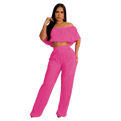 Traje de pantalón ancho con hombros descubiertos y volantes plisados para mujer