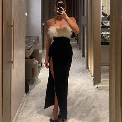 Vestido de invierno sexy con hombros descubiertos y parte superior de tubo con abertura para mujer