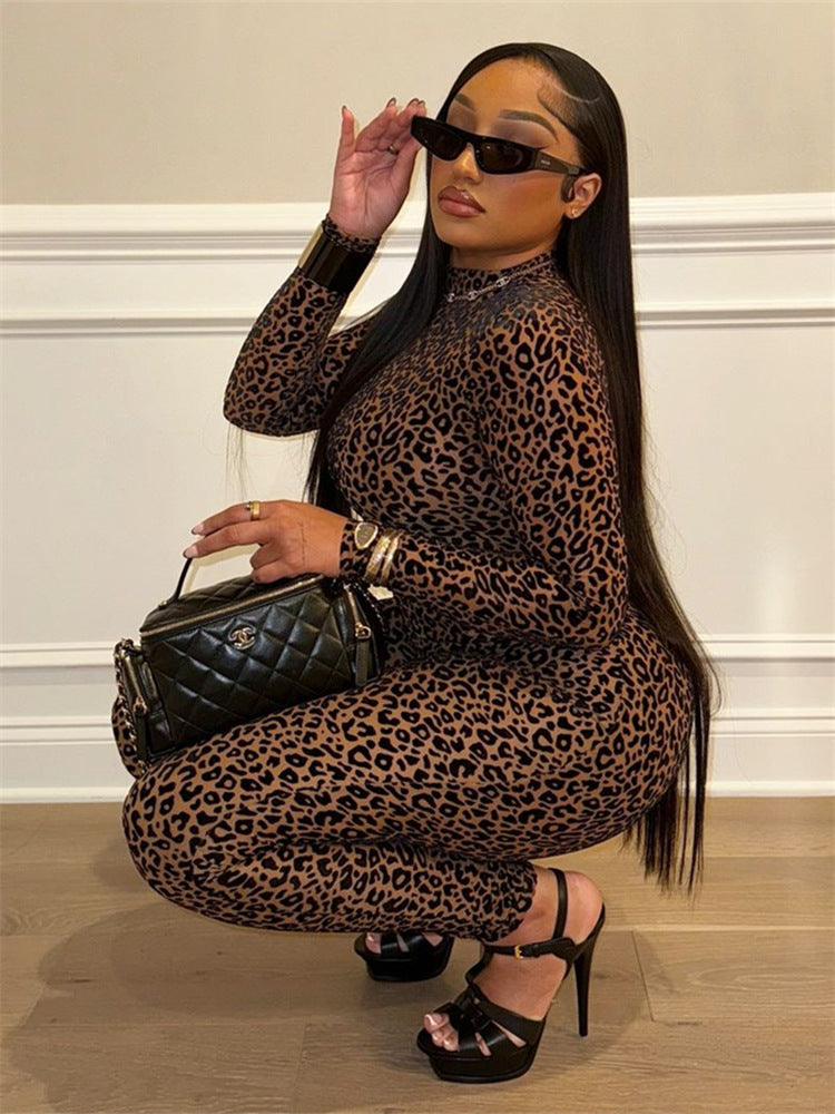 Mono de manga larga con estampado de leopardo sexy ajustado y elástico que combina con todo para mujer de otoño