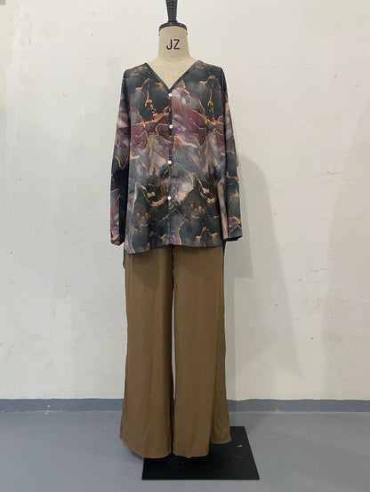 Camisa estampada pintada a mano de primavera, pantalones de pierna ancha, ropa de dos piezas para mujer