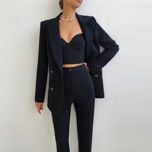 Conjunto de traje de oficina informal de alta calidad para mujer, con sujetador, pantalones y blazer.