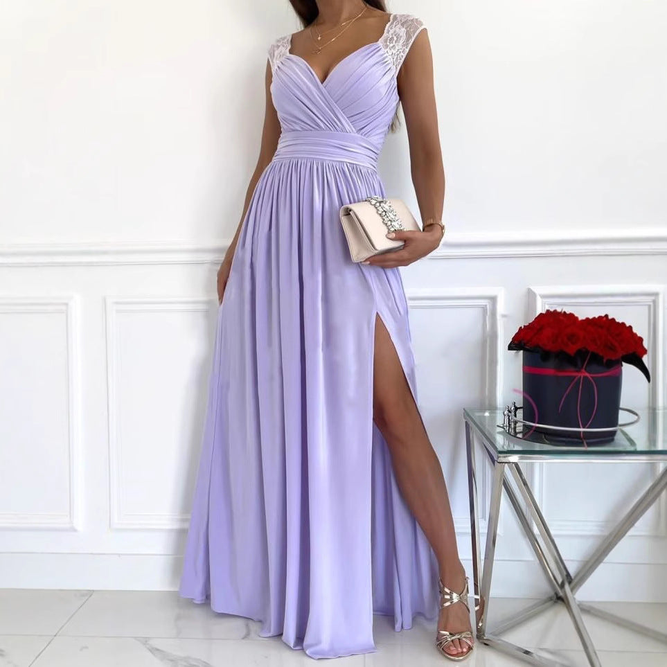 Vestido de mujer sin mangas con espalda descubierta, color liso, dobladillo ancho y abertura