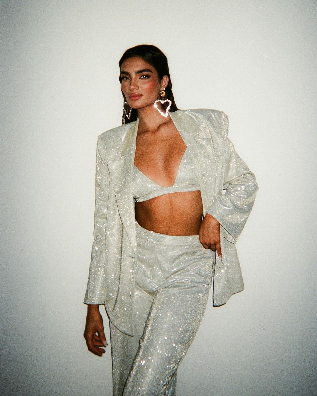 Traje de oficina de verano con polvos brillantes, traje largo y sexy de tres piezas.