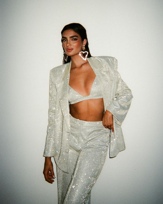 Traje de oficina de verano con polvos brillantes, traje largo y sexy de tres piezas.