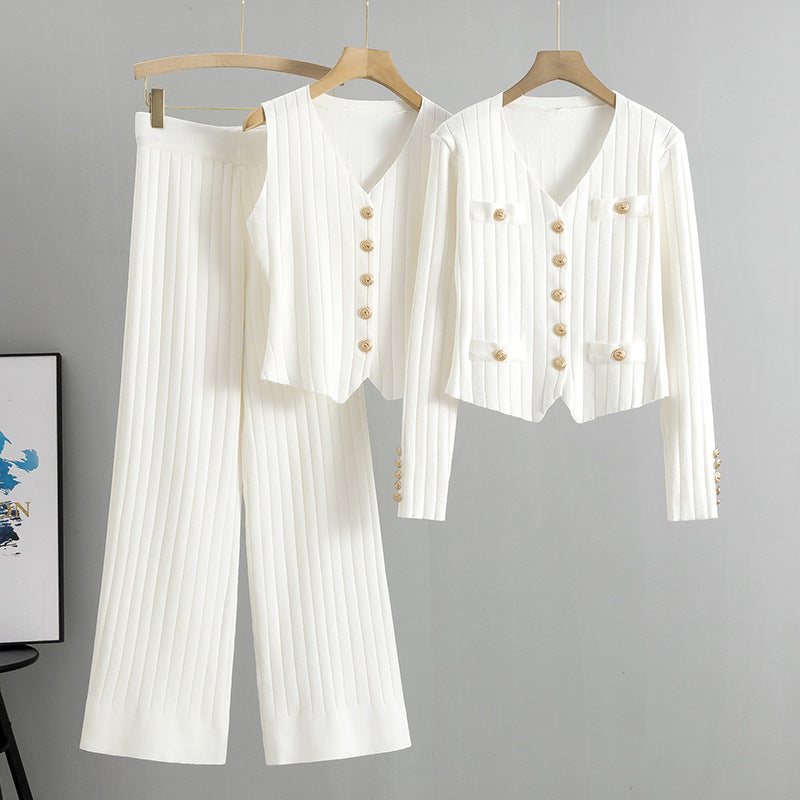 Conjunto de tres piezas de suéter y pantalones de pierna ancha Chanel de corte entallado coreano para mujer, chaleco de punto para primavera y otoño