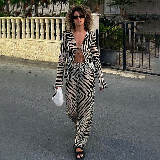 Ropa de mujer, camiseta sexy de manga larga con estampado de cordón, top informal de vendaje, pantalones de dos piezas