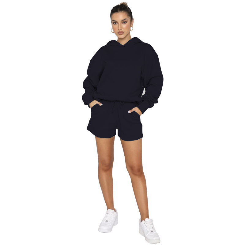 Suéteres de manga larga con capucha y color liso para otoño e invierno, ropa para mujer, pantalones cortos informales, traje