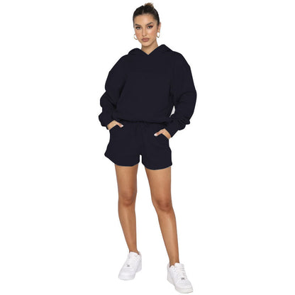 Suéteres de manga larga con capucha y color liso para otoño e invierno, ropa para mujer, pantalones cortos informales, traje