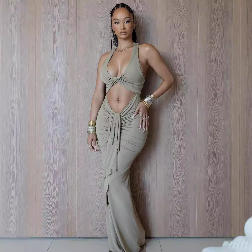 Vestido sexy con aberturas y encaje para mujer, vestido plisado con cuello halter, sin mangas y cola de pez