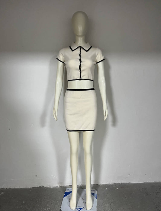 Ropa de verano para mujer, cárdigan de punto de manga corta con ribete de color negro en contraste y falda tubo.
