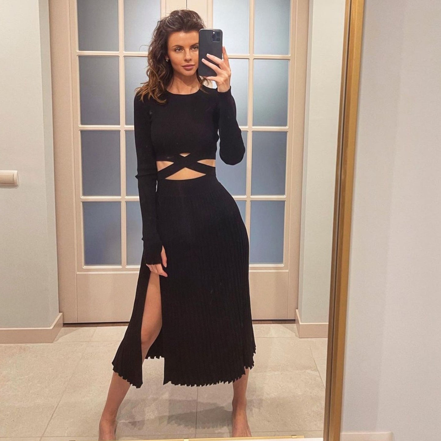 Suéter con abertura y falda plisada para mujer, traje de otoño e invierno con cordones