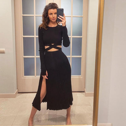 Suéter con abertura y falda plisada para mujer, traje de otoño e invierno con cordones