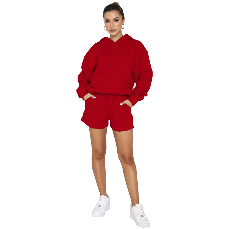 Suéteres de manga larga con capucha y color liso para otoño e invierno, ropa para mujer, pantalones cortos informales, traje
