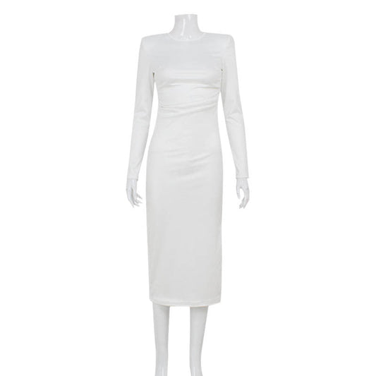 Fall Women Clothing Elegance Solid Color Slim Fit Slimming Waist Padded Shoulder Split Dress
