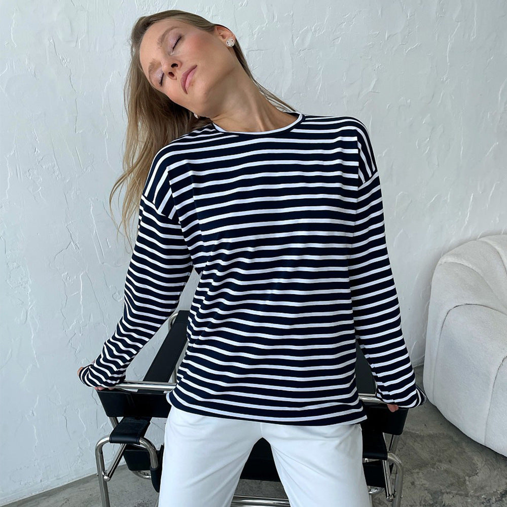 Camiseta de rayas de manga larga, de primavera, moderna, informal, salvaje, con cuello redondo, de algodón a rayas.