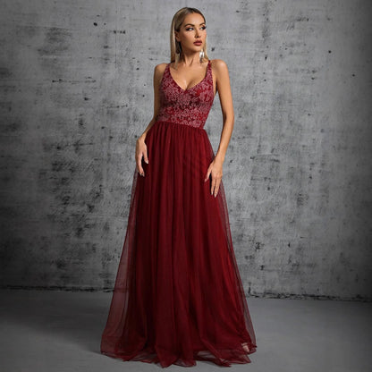 Vestido de noche elegante con tirantes para mujer, escote en V, corte A, largo, para fiesta, reunión anual, pasarela