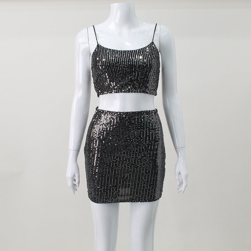 Conjunto de ropa de otoño para mujer, top corto sexy con espalda descubierta y tirantes, falda ajustada con lentejuelas