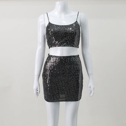 Conjunto de ropa de otoño para mujer, top corto sexy con espalda descubierta y tirantes, falda ajustada con lentejuelas