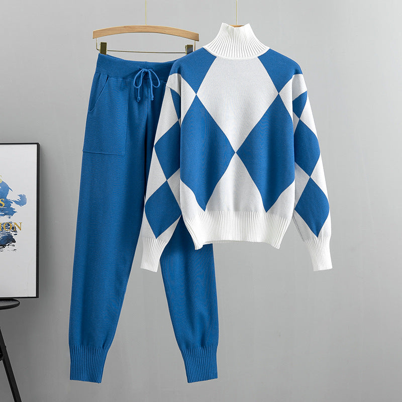 Conjunto de dos piezas de pantalón ajustado de punto de cuello alto francés para mujer, estilo occidental, con aspecto juvenil