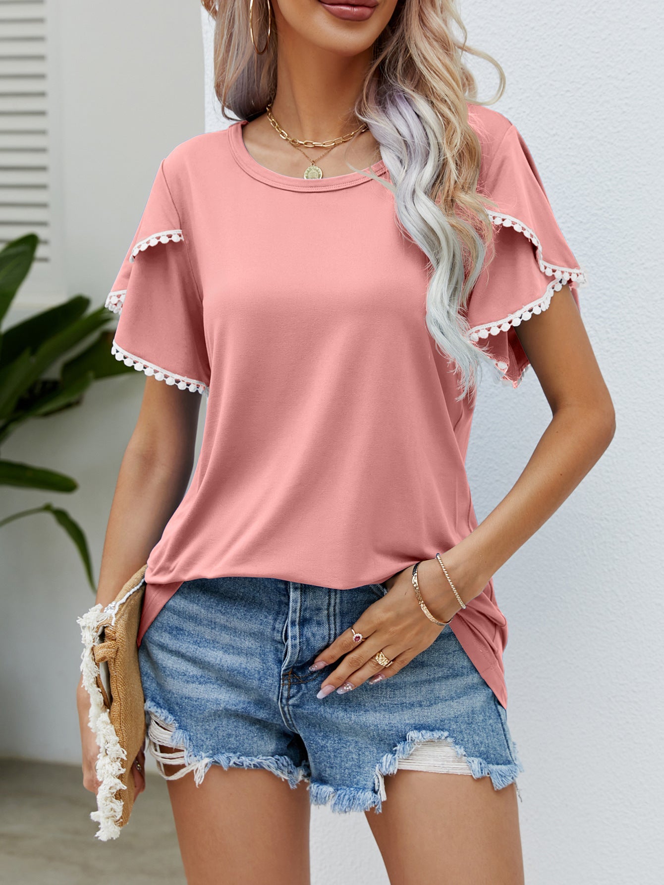 Camiseta informal de verano con cuello redondo y mangas tulipán con borlas para mujer