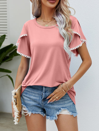 Camiseta informal de verano con cuello redondo y mangas tulipán con borlas para mujer