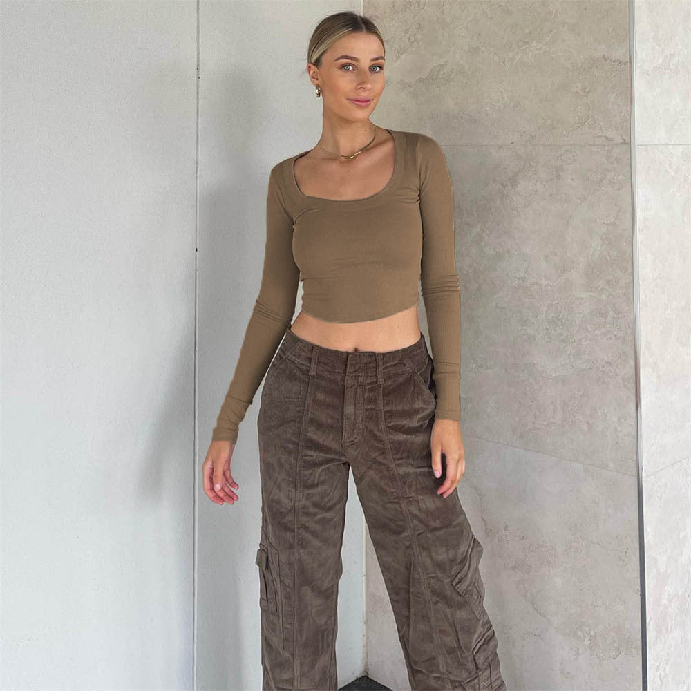 Top corto de canalé de manga larga con cuello redondo grande para mujer, informal, sexy, para otoño e invierno, tejido de punto, top ajustado de calle