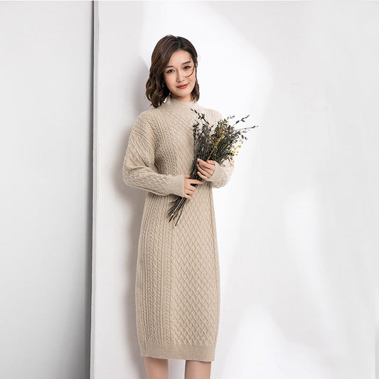 Suéter de cuello alto medio para mujer, vestido de punto, largo medio, suelto, por encima de la rodilla, base gruesa, sin aberturas, de lana, para otoño e invierno.