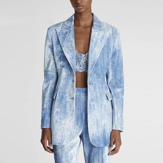 Conjunto de dos piezas de blazer de corte entallado y largo medio con estampado teñido anudado de primavera