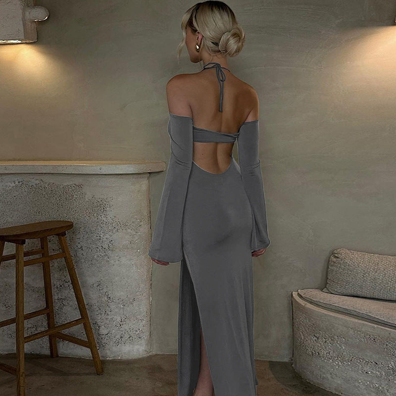 Vestido tubo de color liso con abertura y espalda descubierta para mujer, ropa de otoño