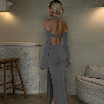 Vestido tubo de color liso con abertura y espalda descubierta para mujer, ropa de otoño