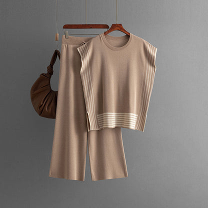 Traje de mujer de rayas de retazos con cuello redondo, vestido suelto de dos piezas de suéter de punto, pantalones rectos de cintura alta y pierna ancha
