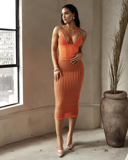 Conjunto de falda de punto calada con espalda descubierta y mono sexy de verano para mujer
