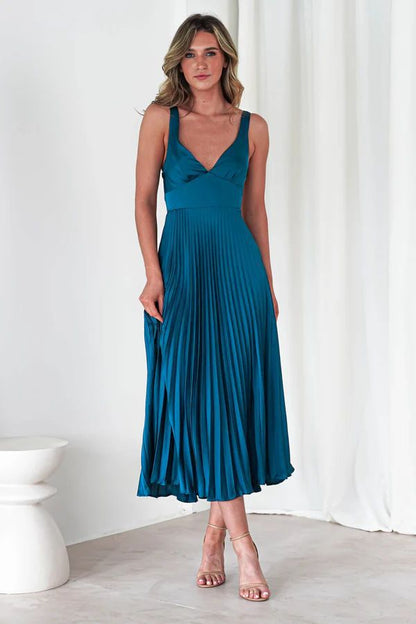 Vestido de verano para mujer, sexy, plisado, con tirantes y cuello en V, de color liso
