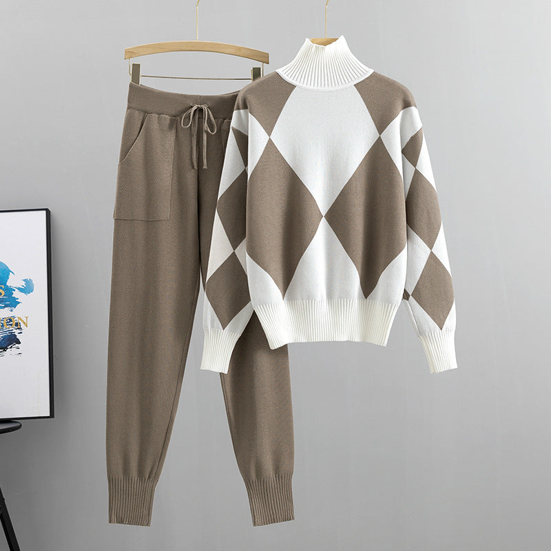 Conjunto de dos piezas de pantalón ajustado de punto de cuello alto francés para mujer, estilo occidental, con aspecto juvenil