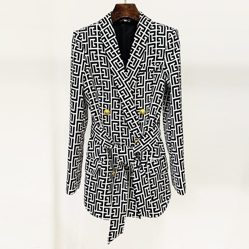 Blazer cruzado de longitud media con cuello de fruta verde y estampado de laberinto de cinturón
