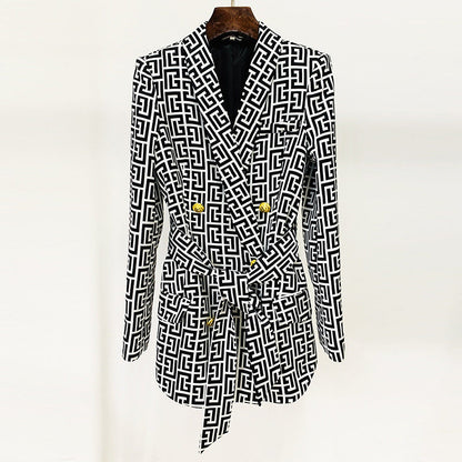 Blazer cruzado de longitud media con cuello de fruta verde y estampado de laberinto de cinturón