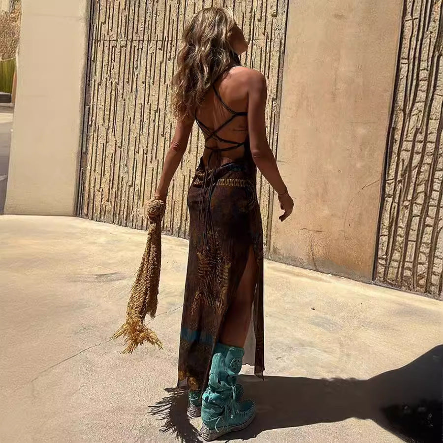 Vestido sexy de tul con tirantes finos, estampado sin mangas y elástico
