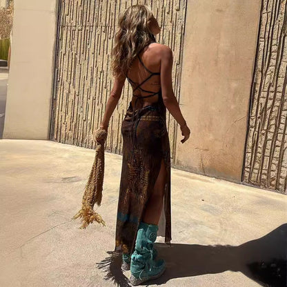 Vestido sexy de tul con tirantes finos, estampado sin mangas y elástico