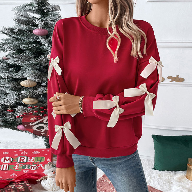 Sudadera navideña roja con lazo y cuello redondo para mujer, otoño e invierno