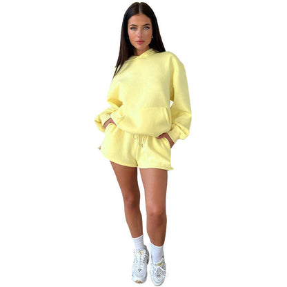 Suéteres con capucha de manga larga de color liso para otoño e invierno, ropa para mujer, conjuntos de dos piezas con pantalones cortos casuales