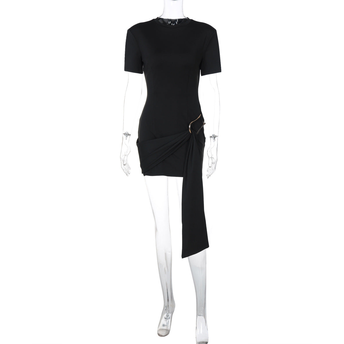 Vestido corto de media manga con cuello redondo y hebilla de metal para mujer
