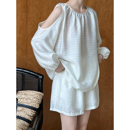 Conjunto de dos piezas de traje de verano con parte superior de tencel con aberturas en los hombros y protección solar