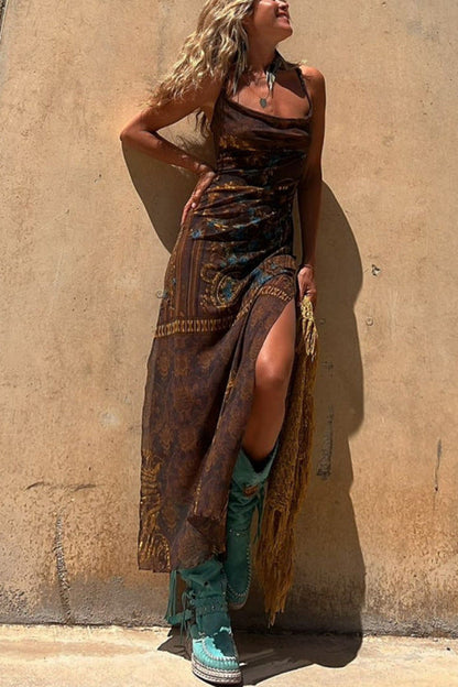 Vestido sexy de tul con tirantes finos, estampado sin mangas y elástico
