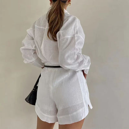 Conjunto de camisa de manga larga y pantalones cortos casuales para mujer