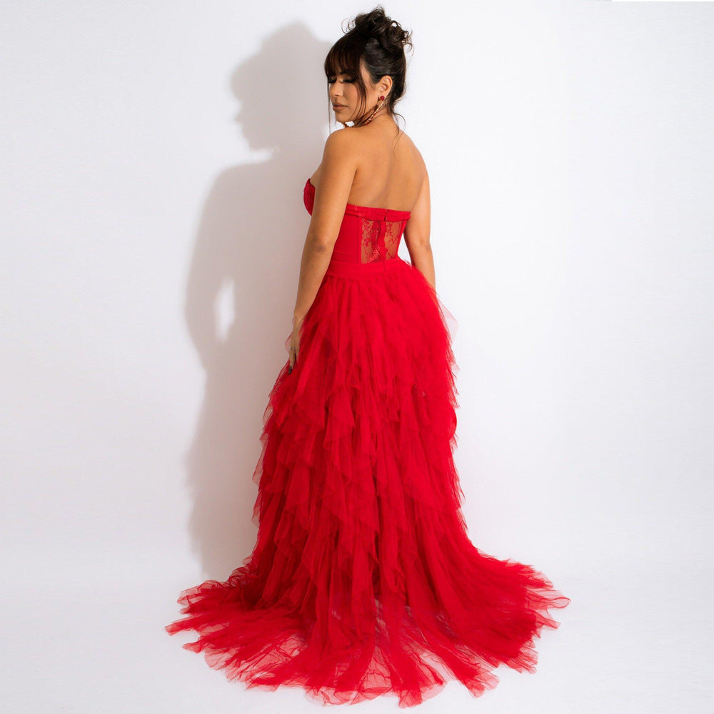Vestido sexy de malla transparente con encaje que envuelve el pecho