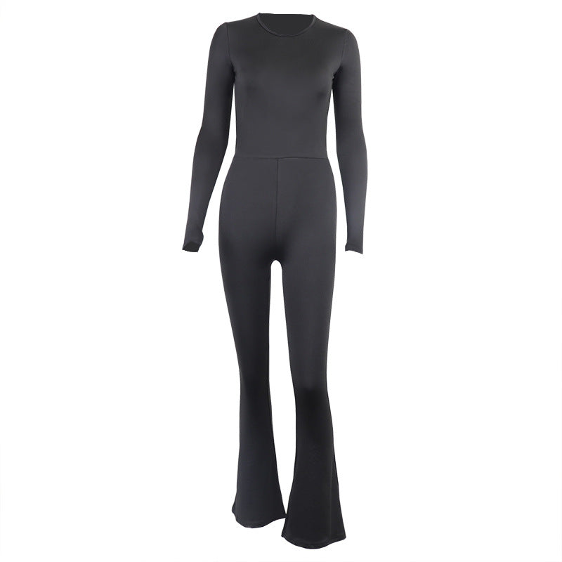 Mono de manga larga con cuello redondo, corte entallado, sin espalda, prenda exterior, pantalones de una pieza con cintura alta y realce de cadera, pantalones acampanados para mujer