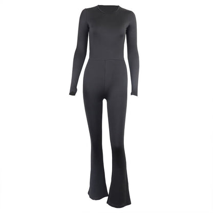 Mono de manga larga con cuello redondo, corte entallado, sin espalda, prenda exterior, pantalones de una pieza con cintura alta y realce de cadera, pantalones acampanados para mujer