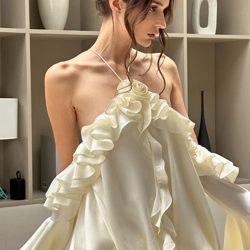 Vestido de otoño sexy francés con hombros descubiertos y mangas acampanadas con volantes para mujer