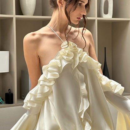 Vestido de otoño sexy francés con hombros descubiertos y mangas acampanadas con volantes para mujer