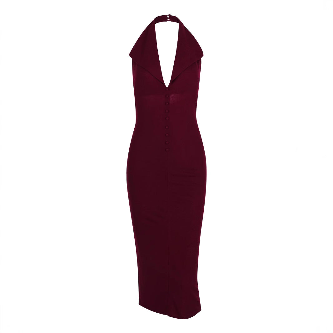 Vestido midi sexy con escote en V y espalda descubierta para mujer